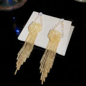 Gold plated rose flower drop earrings with sparkling tassels and zircon stone inlay