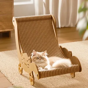Sisal cat lounge chair with wooden frame and plaid fabric, durable scratching surface