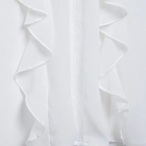 Elegant white chiffon blouse with ruffle stand collar and intricate lace patchwork detailing