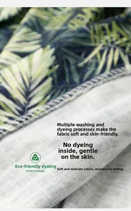Detail of palm leaf printed robe fabric showing eco-friendly dyeing and soft texture