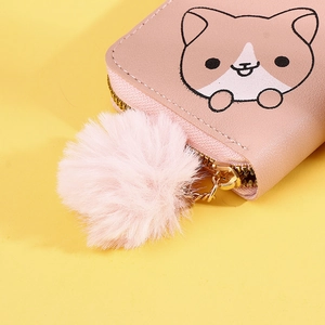 Pink PU leather wallet detail with cute corgi print, pompom charm and gold zipper