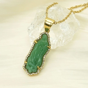 Mini 18k gold stainless steel necklace with green Virgin Mary crystal pendant and diamonds
