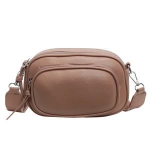 Women's multi-layer zippered round bag in pink pebble leather with wide shoulder strap