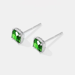 Elegant S925 sterling silver square emerald green stud earrings with luxury diamond accents