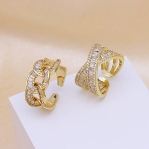 Exaggerated 18k gold plated cross open ring with sparkling cubic zirconia on silk base