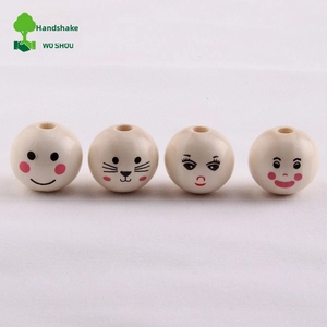 Detail of 20mm natural wooden beads with cute facial expressions and threading holes