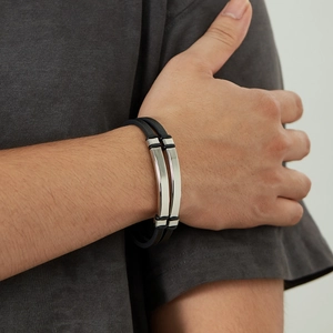 Men's double-layered black leather bracelet with sleek silver stainless steel bars