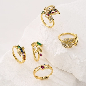 Adjustable Open Ring Gold Plated Copper Colorful Cubic Zirconia Butterfly Leaf Geometric Design Fashion Jewelry For Women