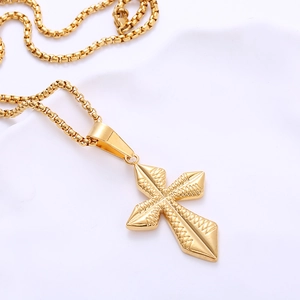 Classic gold plated stainless steel cross pendant necklace with textured relief detail