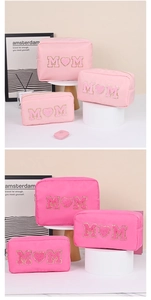 Pink chenille MOM patch cosmetic bag set with gold glitter edges in three sizes