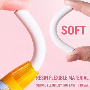 Flexible white resin pencil eraser showing high bendability against a soft pink background