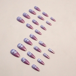Almond gradient cloud press-on nails with blue-purple glitter and 24pc set design