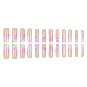 24pcs long French press-on nails with 3D colorful relief and gradient almond tips