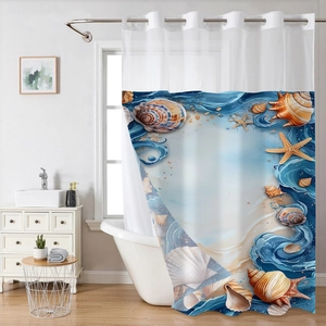 Modern double-layer ocean shower curtain with shells and starfish print and metal hooks