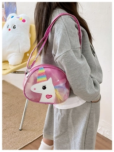 Pink unicorn crossbody bag for girls featuring rainbow glitter horn and tulle mane detail