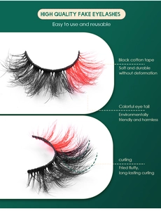 Detail of red tipped faux mink eyelashes featuring a flexible black cotton band for reuse