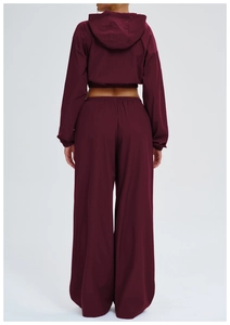 Rear view of deep burgundy cropped hoodie and high-waisted wide-leg athletic pants set