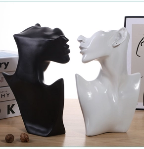 Close-up of black and white resin bust stands for necklace and jewelry display