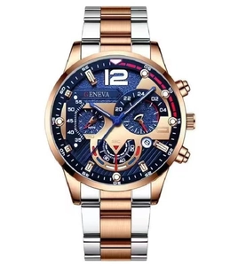 Macro detail of men's two-tone quartz watch with dark blue dial and chronograph features