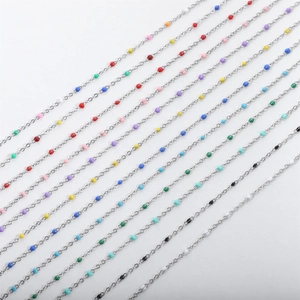 Colorful enamel bead station necklace in stainless steel with multi-color droplets