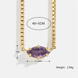 Detailed view of marquise purple zircon necklace with dimensions and gold box chain specs