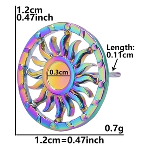 Iridescent 304 stainless steel sunburst stud earrings with precise size measurements