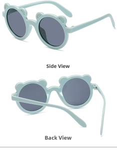 Detailed side and back view of mint green bear-shaped children's sunglasses frames