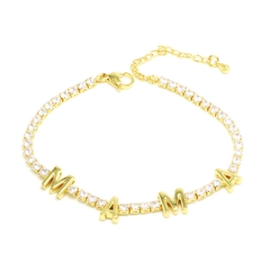 Gold MAMA letter bracelet with cubic zirconia paving and adjustable extender chain