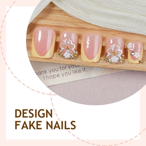 Unghie finte corte con fiori 3D e glitter rosa per un look dolce e femminile