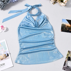 Flat lay of light blue metallic cowl neck top with shimmering vertical stripes and side ruching
