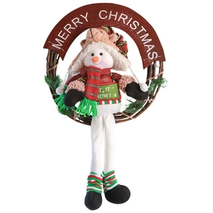 Christmas snowman wreath with branch ring and Merry Christmas wooden sign on white background