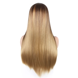 Back view of long straight hair wig with dark roots gradient to golden blonde