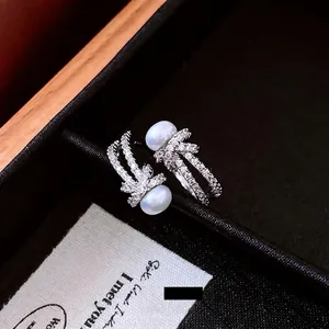 French luxury zircon pearl knot open ring in silver finish with shimmering pavé details