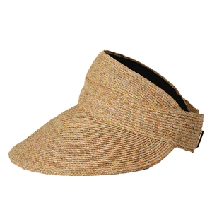 Foldable raffia open top sun hat with large brim and adjustable elastic strap for women
