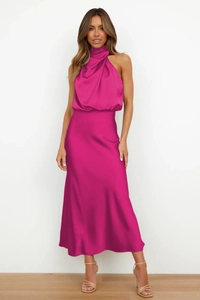 Elegant sleeveless satin midi dress in magenta featuring a high halter neck design