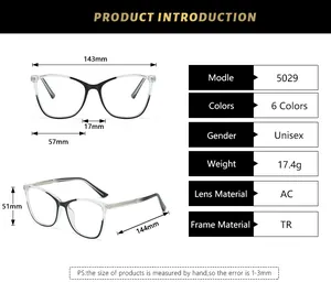 Size chart for 5029 TR90 square glasses showing frame width and lens height details