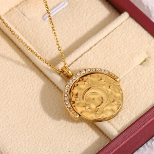 18K gold plated stainless steel coin necklace with celestial moon and star patterns