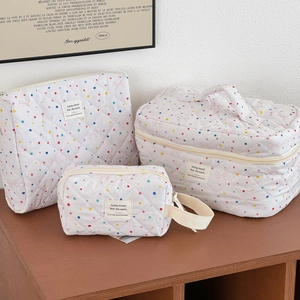 Quilted Cotton Cosmetic Bag Polka Dot Bow Print Portable Travel Storage Pouch Large Capacity Sweet Aesthetic