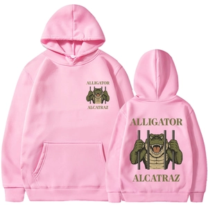 Pink hoodie with Alligator Alcatraz cartoon print shown from front and back views