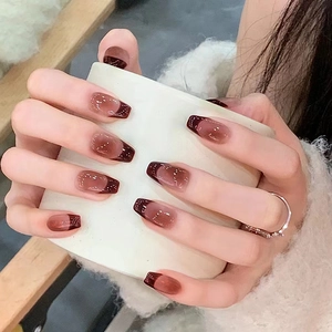 Coffin French Tip Press On Nails Verlauf Kaffee Minimalistisch Glänzend Künstliche Nägel Für Damen