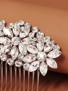Macro shot of sparkling marquise crystals and silver alloy bridal hair comb detail