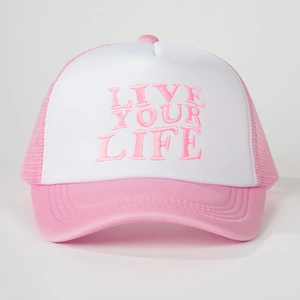 Pink and white mesh trucker hat with LIVE YOUR LIFE 3D embroidery on front panel