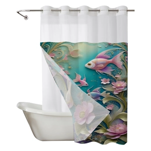 Waterproof waffle shower curtain with ocean fish and floral print on white background