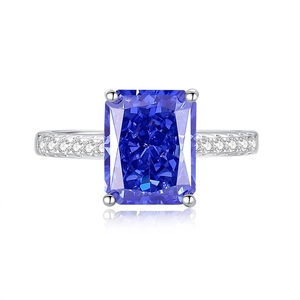 Elegant S925 sterling silver ring featuring a large rectangular ice-cut blue carbon diamond