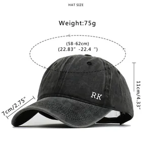 Washed cotton baseball cap in dark grey with white side RK embroidery and size guide