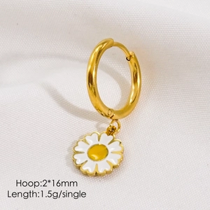 Detailed macro of 2x16mm golden daisy hoop earring with white enamel petals