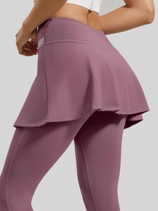 Mauve high-waist 2-in-1 yoga pants with integrated skirt for athletic workout and fitness
