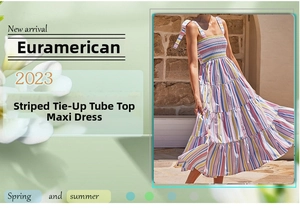 Detail of smocked strapless bodice with adjustable tie-up straps on striped maxi dress