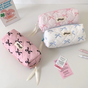 Quilted Bow Print Pencil Case Portable Cosmetic Bag Zipper Stationery Organizer For Students Korean Style Fabric Pouch