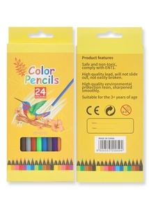 Front and back view of 24-color hexagonal pencils in an eco-friendly yellow paper box